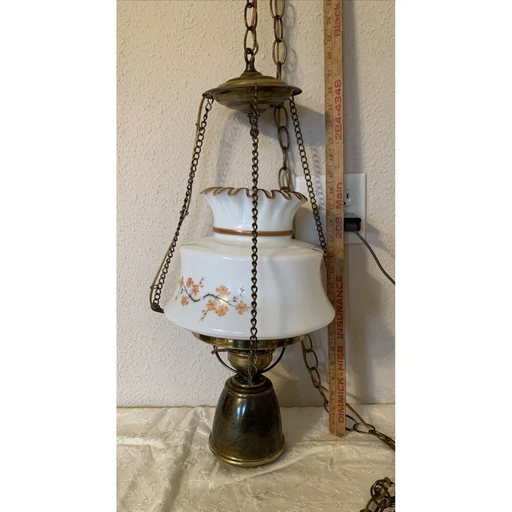 Vintage Hurricane Swag Lamp Floral Milk Glass Country Cottage Portable Hanging